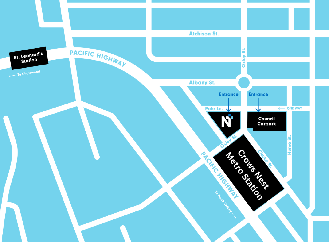 Map showing Northside beside the Crows Nest Metro Station entrances, on Pole Lane off Oxley Street